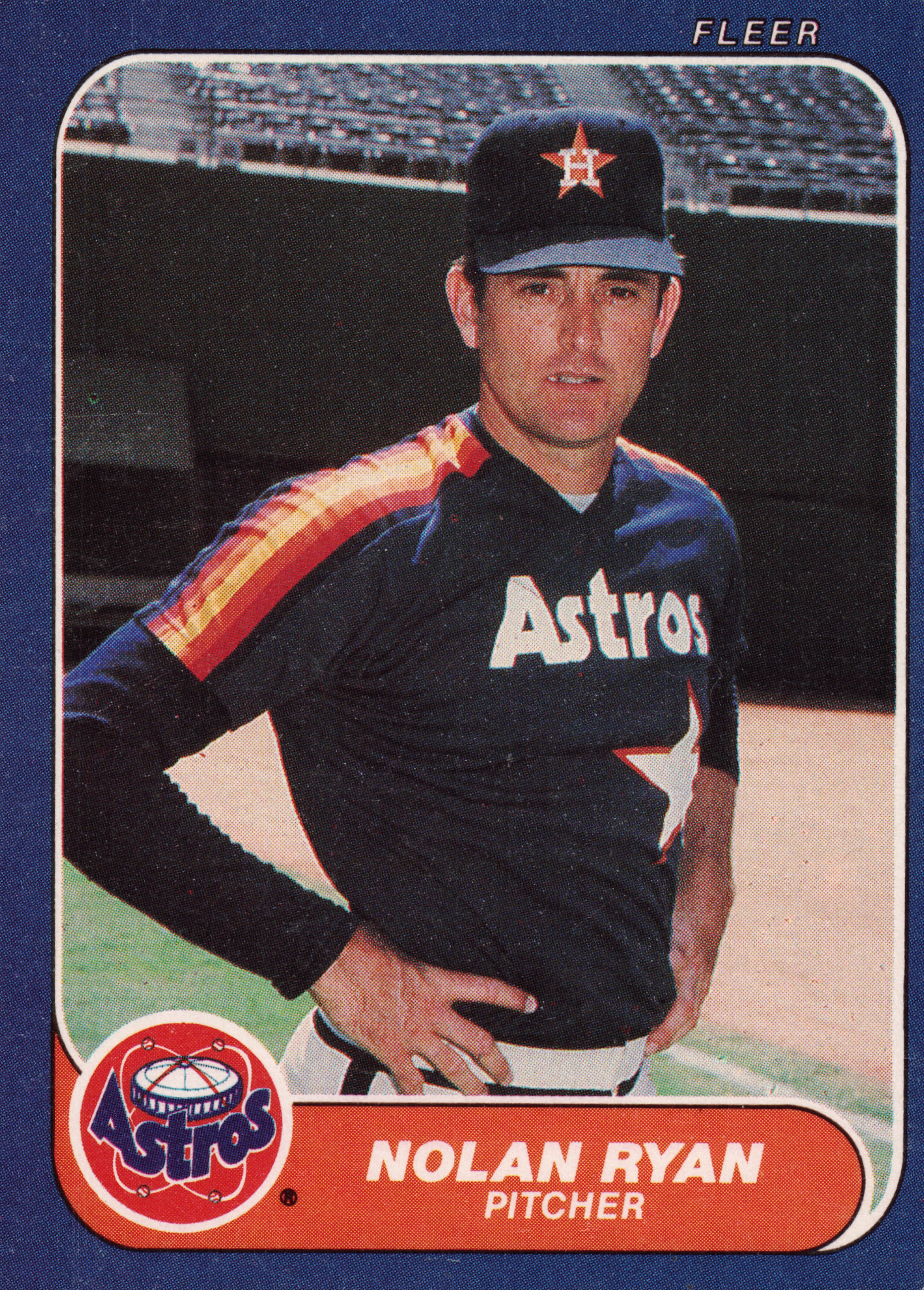 Front of 1986 Fleer Fleer Nolan Ryan #310, portrait of a pitcher in a navy Houston Astros rainbow-stripe jersey and cap with star 'H' logo, standing in a stadium. Blue border, red name banner…
