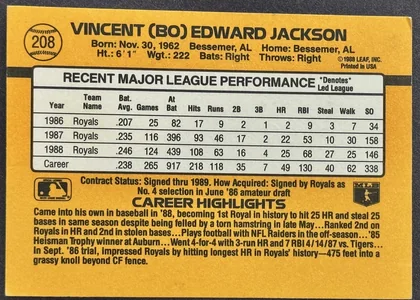 Back of 1989 Donruss Donruss Baseball Bo Jackson #208 Base, the back of a baseball card with a yellow background and black text. The top right shows the card number 208 in a circle. The player name is printed…