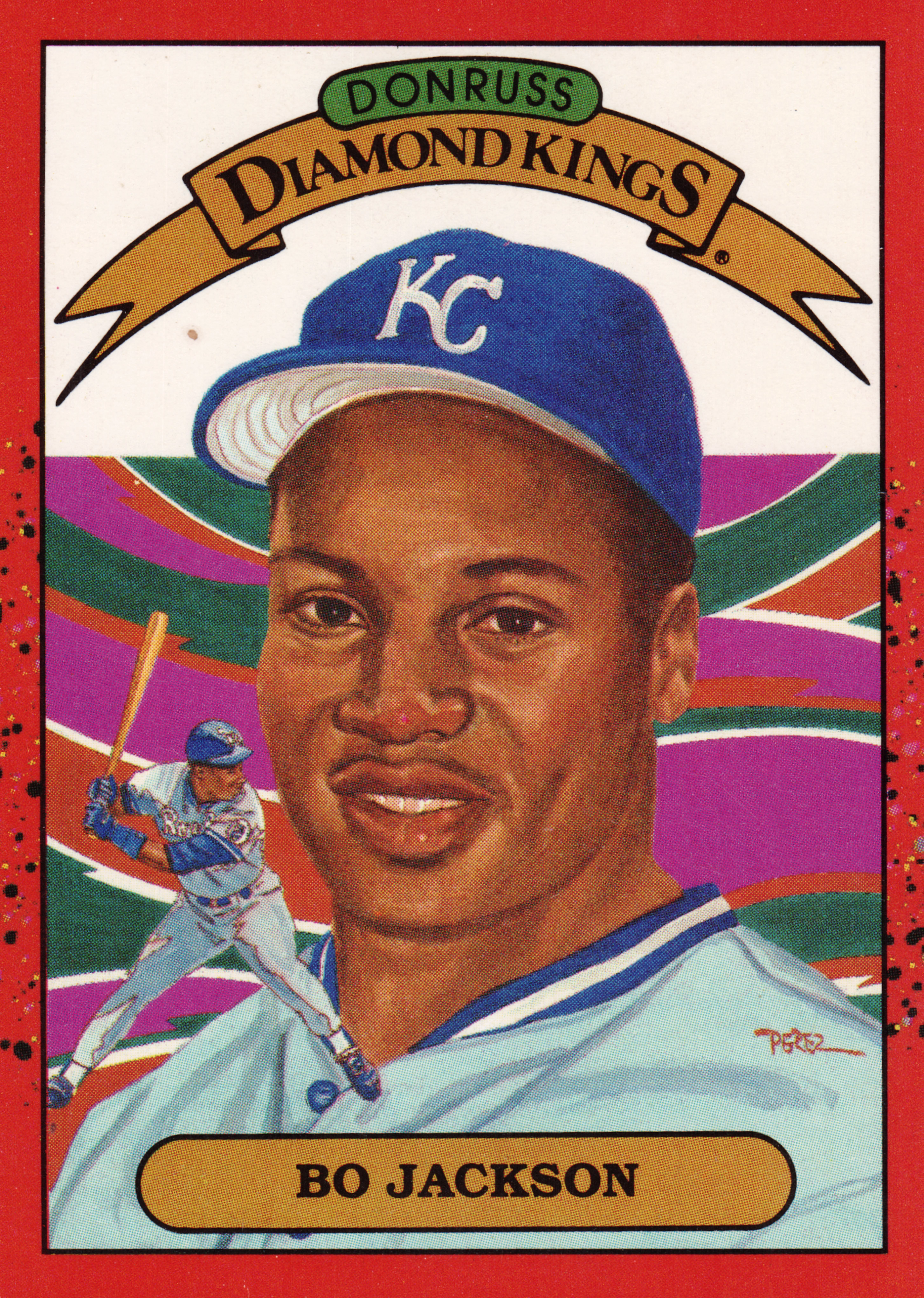 Front of 1989 Leaf, Inc. Donruss Diamond Kings Bo Jackson #1 Base, portrait illustration of Bo Jackson wearing a Kansas City Royals cap and jersey. Background features a colorful, wavy pattern. A smaller action…