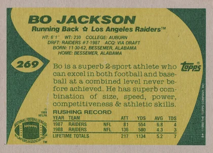 Back of 1989 Topps Bo Jackson #269, card back with yellow and green design; green football-shaped panel on left containing card number 269; Topps logo at right; NFLPA and NFL Players…