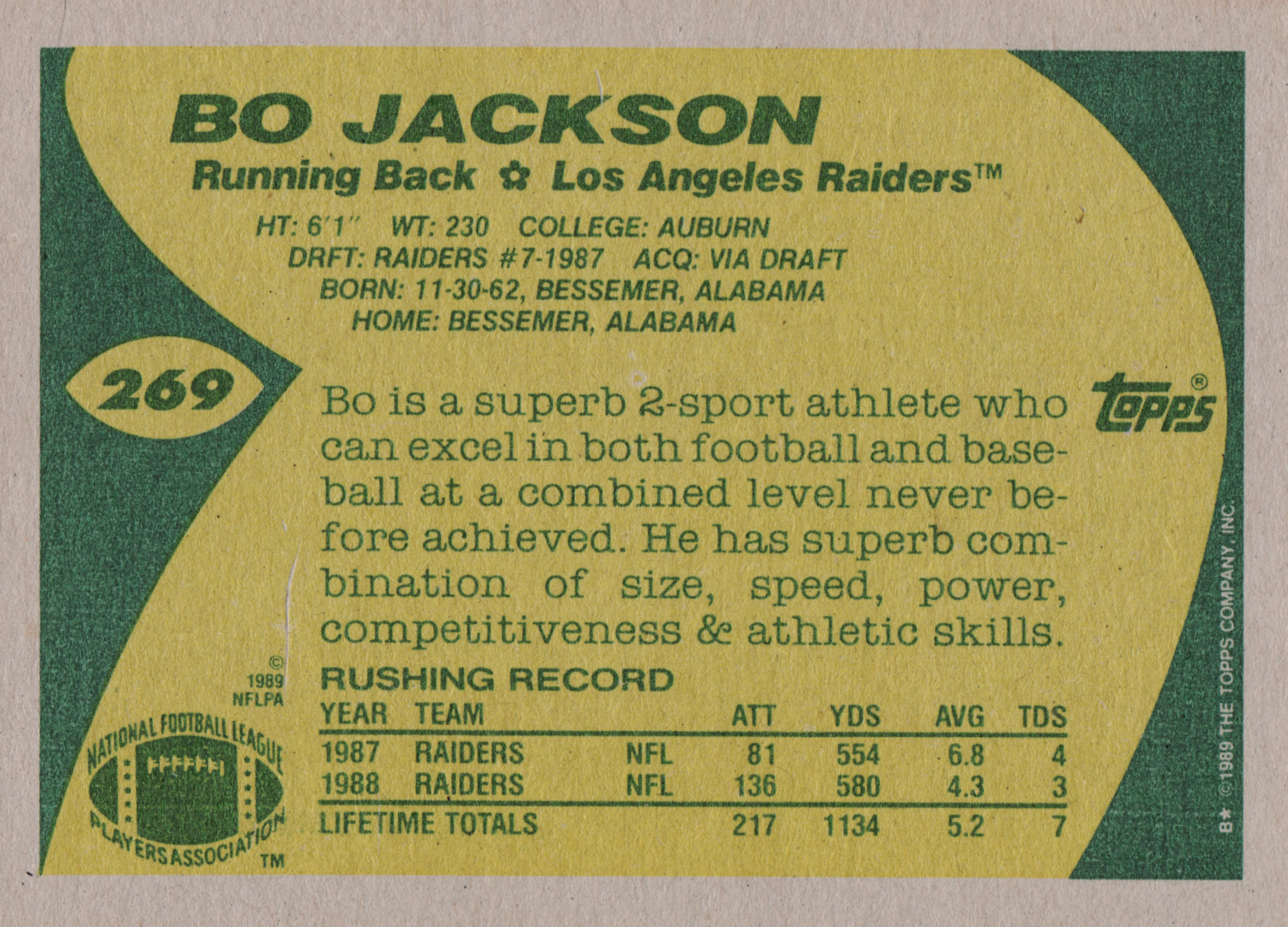 Back of 1989 Topps Bo Jackson #269, card back with yellow and green design; green football-shaped panel on left containing card number 269; Topps logo at right; NFLPA and NFL Players…