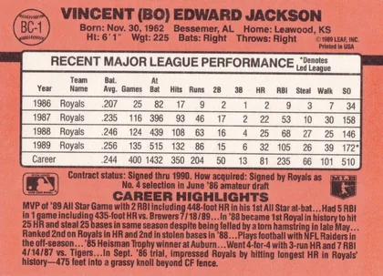 Back of 1990 Leaf, Inc. Donruss 90 Bo Jackson #BC-1 MVP, salmon/coral-colored card back with black text. Top-left circular baseball logo containing 'BC-1'. Header with player name and biographical data…