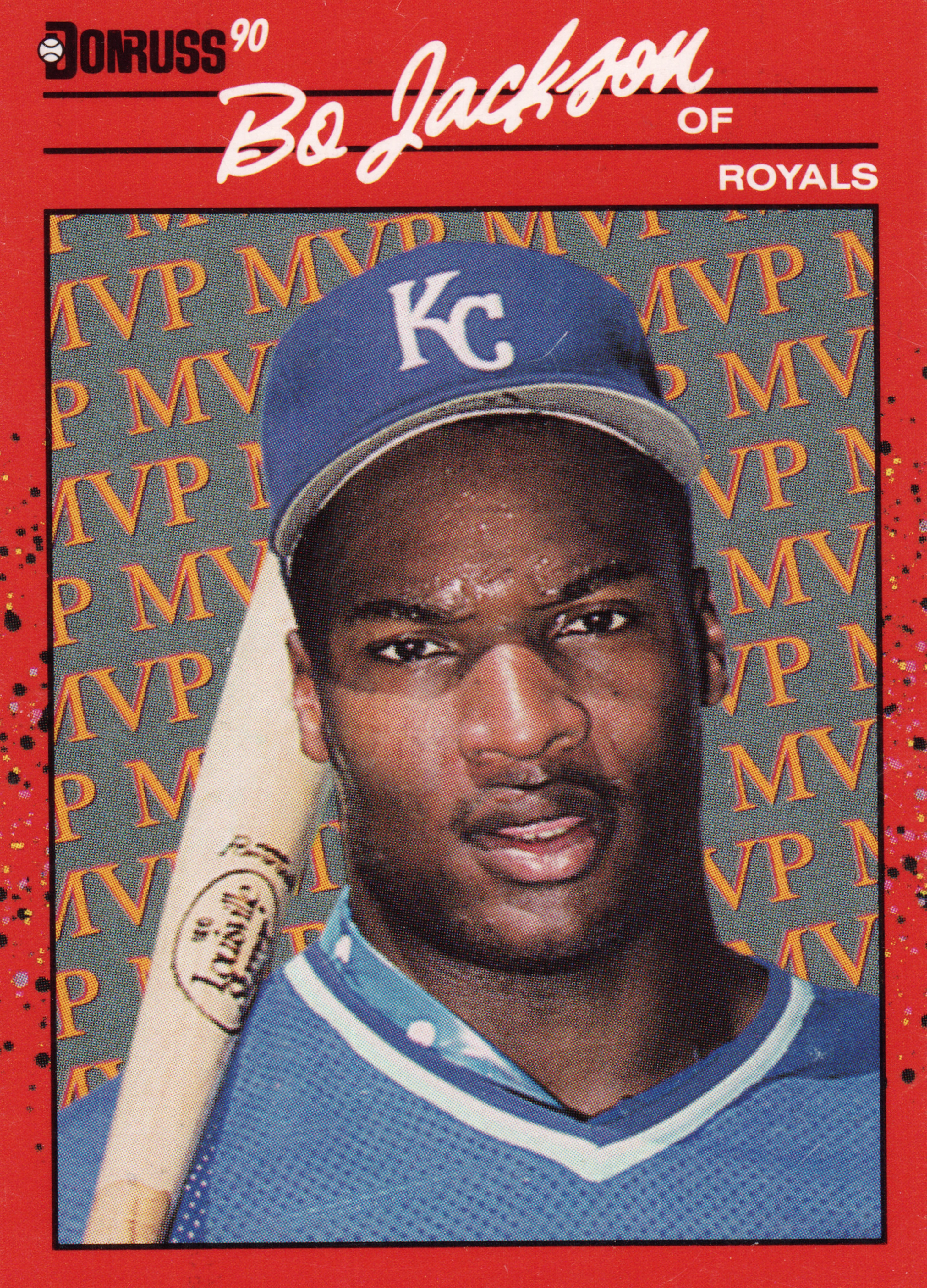 Front of 1990 Leaf, Inc. Donruss 90 Bo Jackson #BC-1 MVP, portrait of player in blue Royals cap with KC logo holding bat over shoulder, red border, MVP text pattern background