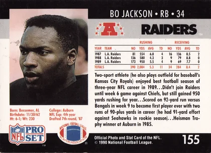 Back of 1990 Pro Set Pro Set Bo Jackson #155, black-bordered card back with a portrait photo of the player on the left, team name RAIDERS with AFC logo at top right, red-and-black statistical…