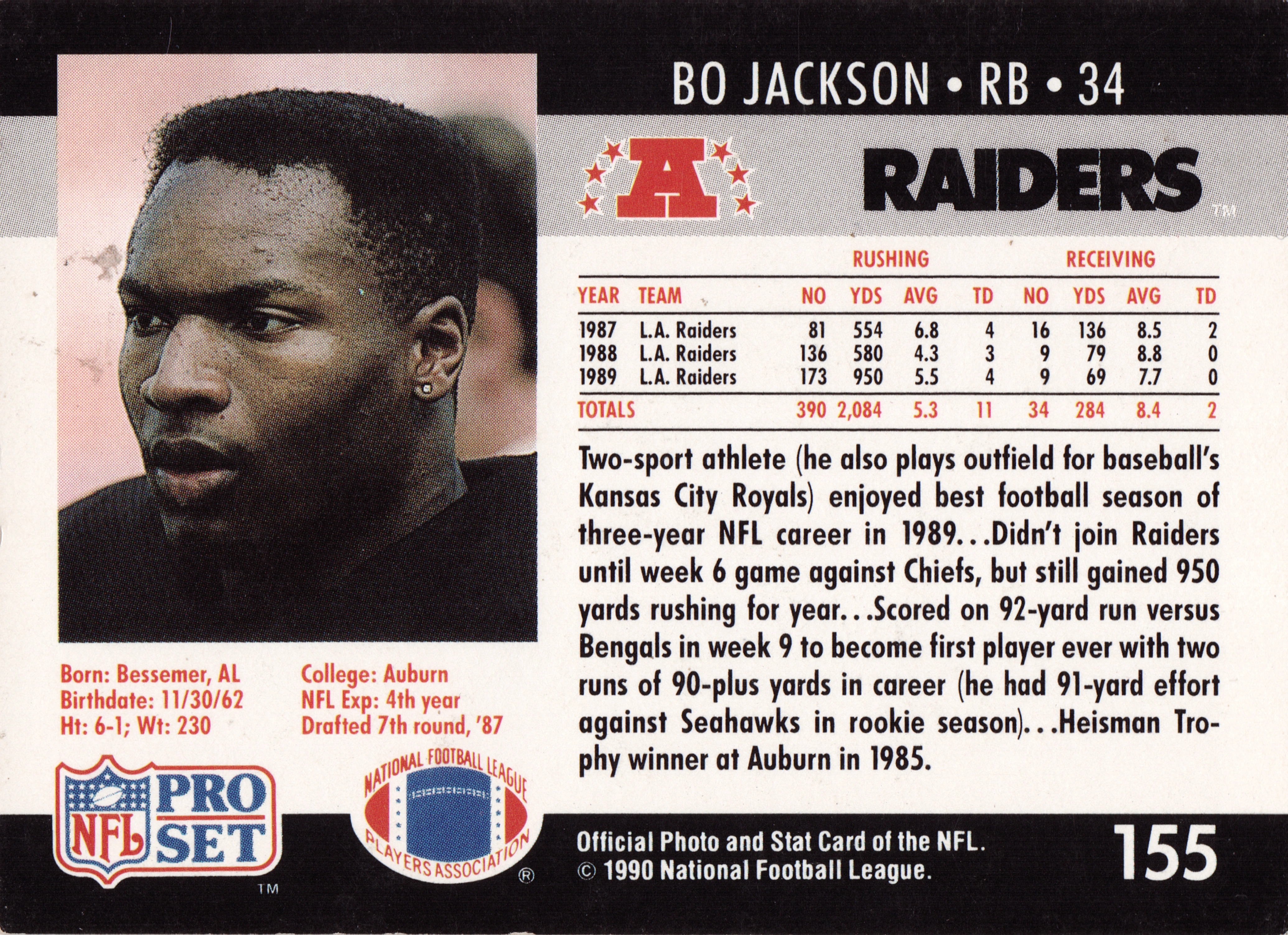 Back of 1990 Pro Set Pro Set Bo Jackson #155, black-bordered card back with a portrait photo of the player on the left, team name RAIDERS with AFC logo at top right, red-and-black statistical…