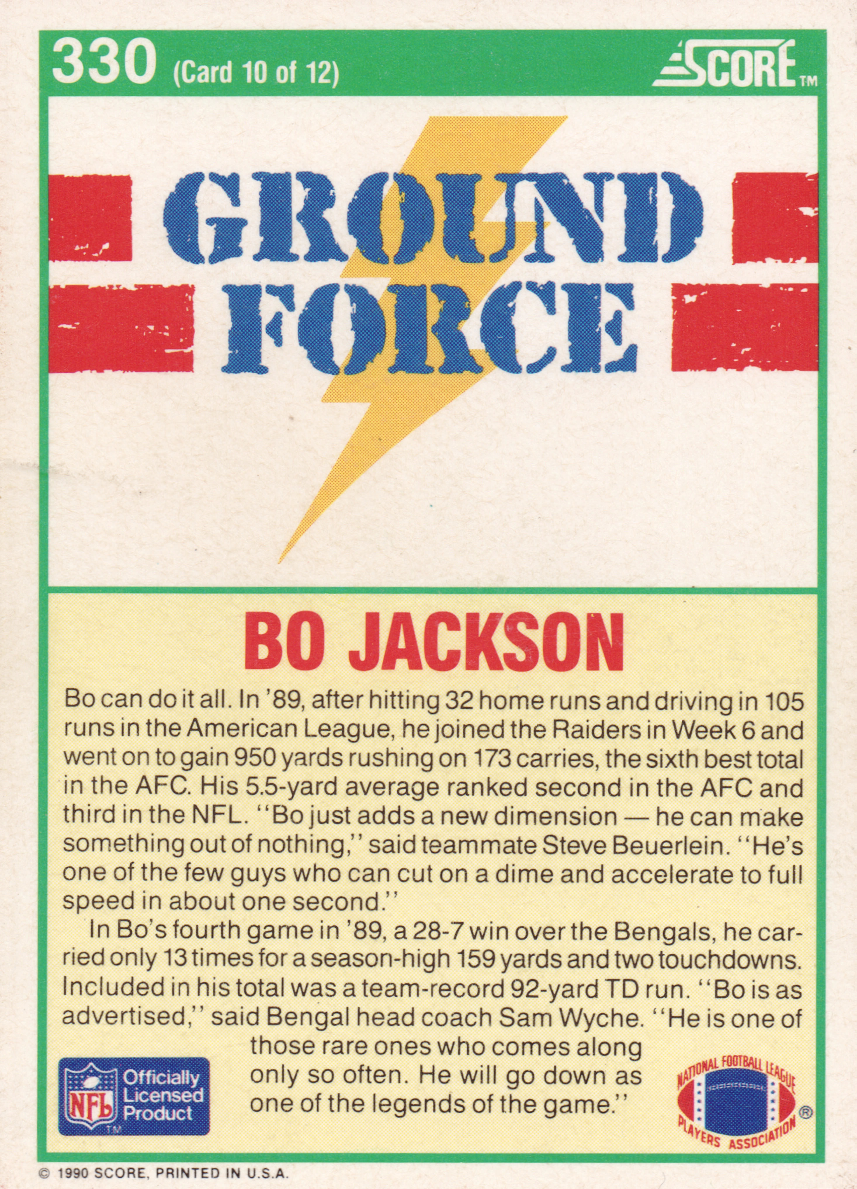 Back of 1990 Score Ground Force Bo Jackson #330 1990 Score Ground Force Bo Jackson #330, back of a Score football card with green border. Top banner shows card number 330, '(Card 10 of 12)', and the Score logo. Large blue stencil-style…