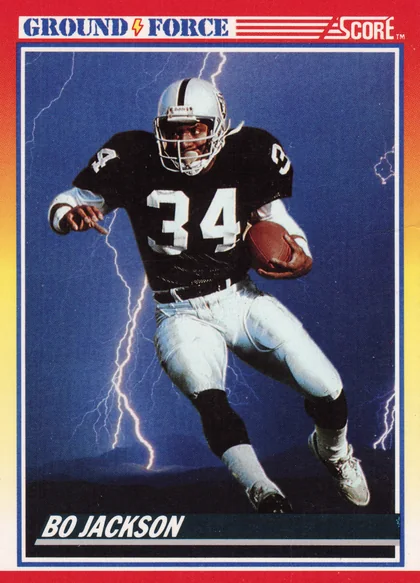Front of 1990 Score Ground Force Bo Jackson #330 1990 Score Ground Force Bo Jackson #330, portrait-orientation football card front with red, white, and blue border. Player in black Raiders jersey #34 with silver helmet running with…