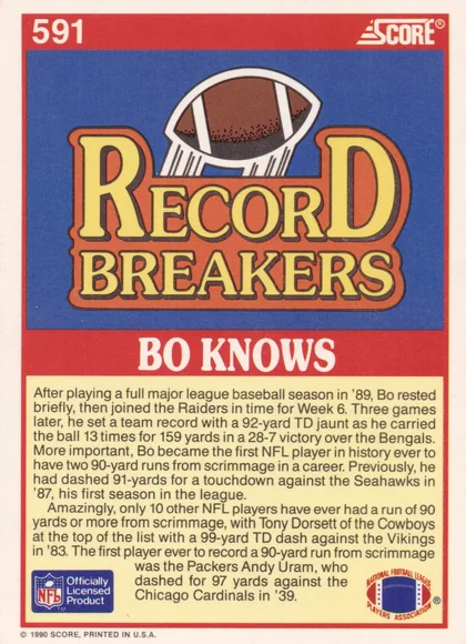 Back of 1990 Score Record Breakers Bo Jackson #591 1990 Score Record Breakers Bo Jackson #591, card back with red border, blue header panel containing a football illustration and large yellow 'RECORD BREAKERS' title, red banner reading 'BO…