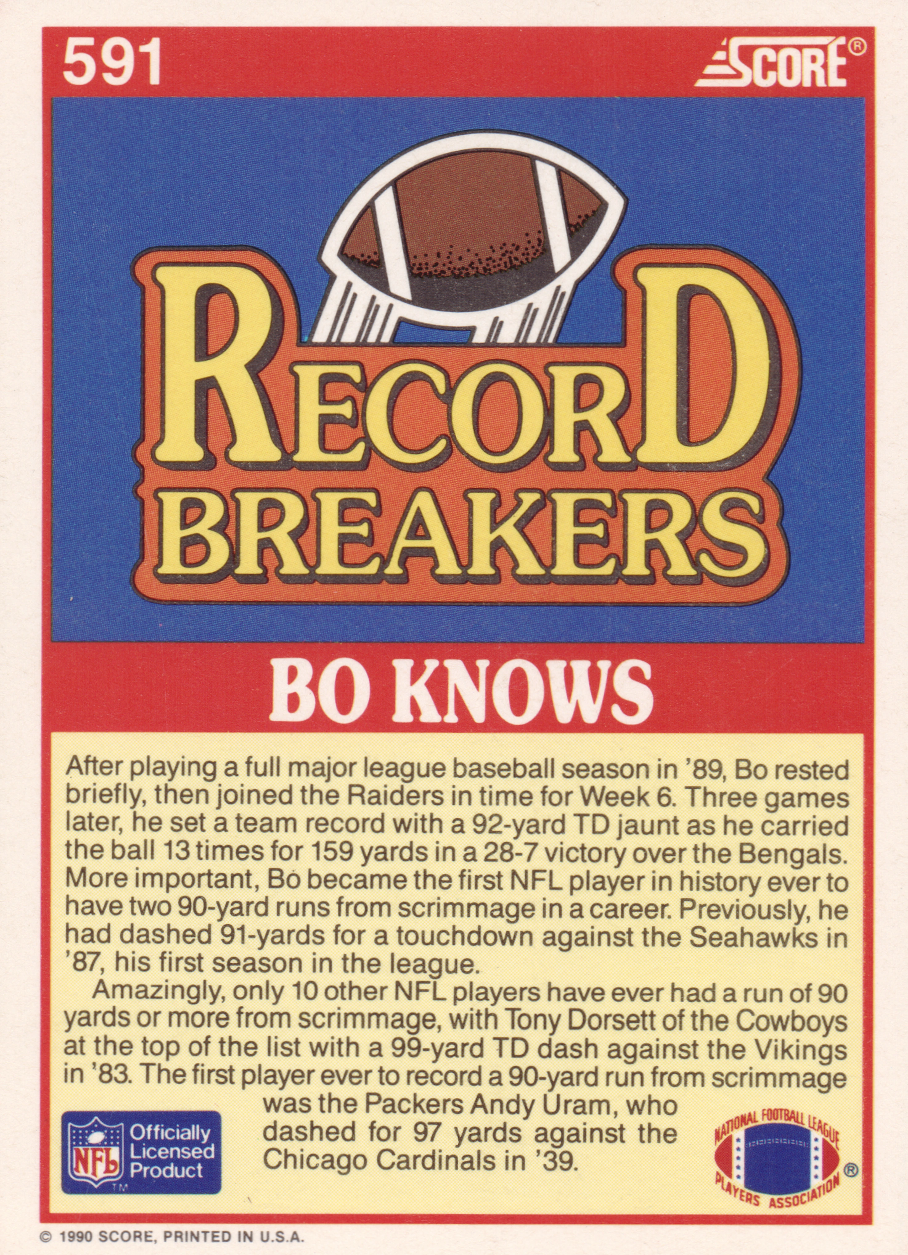Back of 1990 Score Record Breakers Bo Jackson #591 1990 Score Record Breakers Bo Jackson #591, card back with red border, blue header panel containing a football illustration and large yellow 'RECORD BREAKERS' title, red banner reading 'BO…