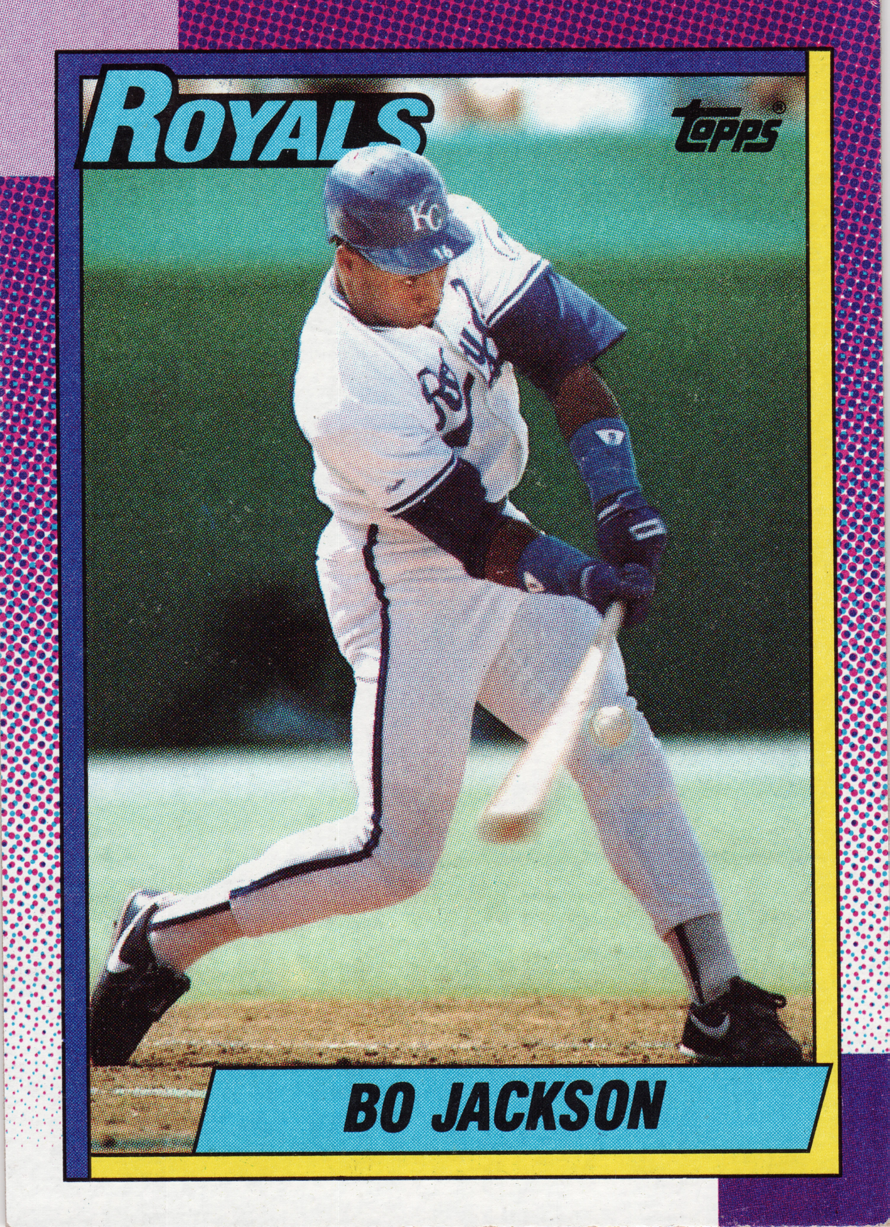 Front of 1990 Topps (The Topps Company, Inc.) 1990 Topps Baseball Bo Jackson #300 1990 Topps Bo Jackson #300, front of a baseball card showing a Kansas City Royals player in white home uniform with blue cap (KC logo) mid-throwing motion on the field. Blue…