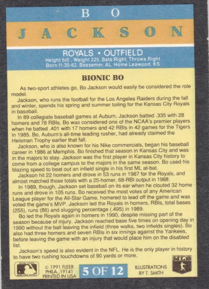 Back of 1991 Fleer Baseball Bo Jackson #5 OF 12 1991 Fleer Bo Jackson #5 OF 12, card back with black border, blue and orange name banner reading 'B O JACKSON', blue biographical band, yellow biography panel titled 'BIONIC BO'…