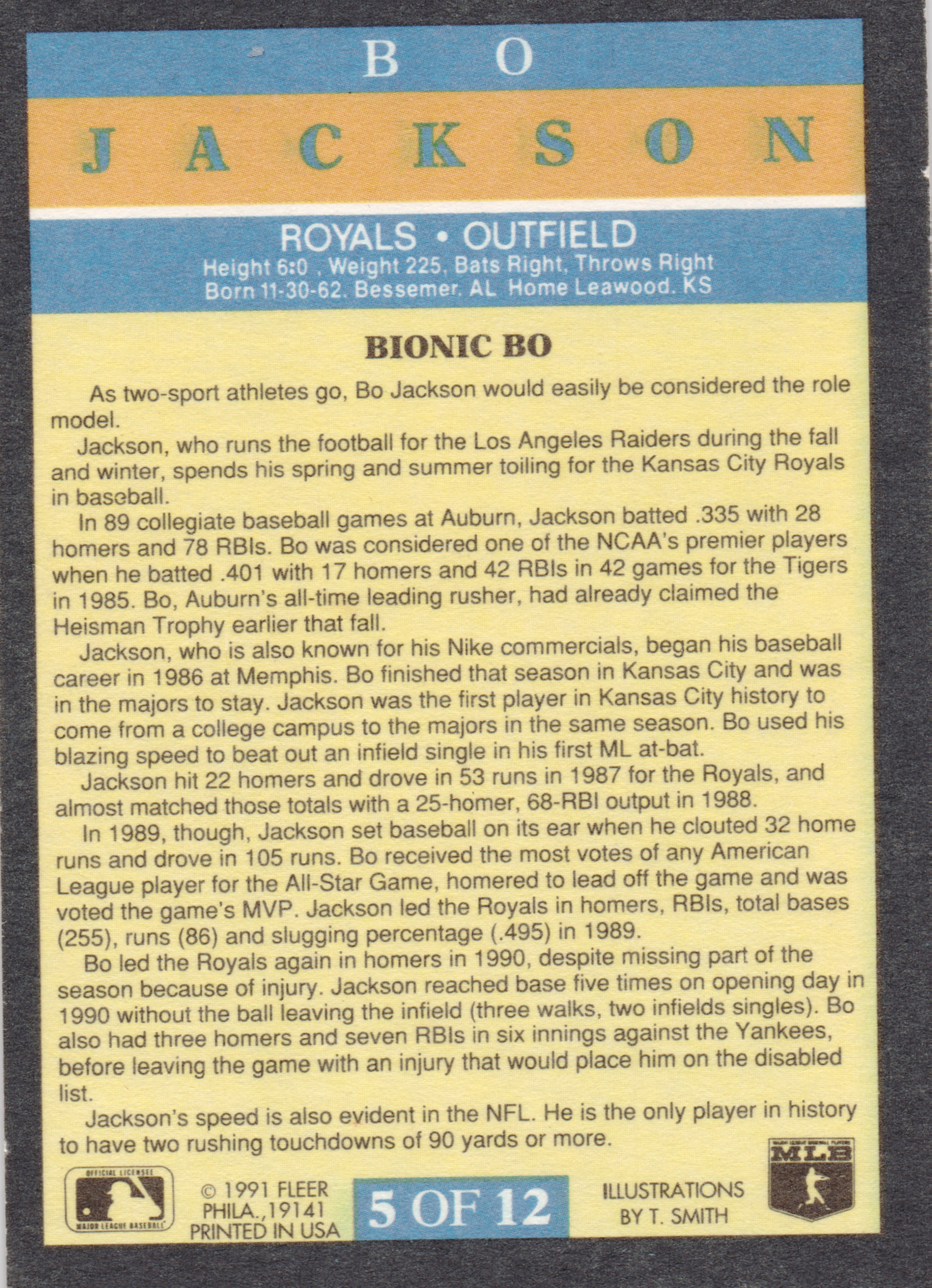 Back of 1991 Fleer Baseball Bo Jackson #5 OF 12 1991 Fleer Bo Jackson #5 OF 12, card back with black border, blue and orange name banner reading 'B O JACKSON', blue biographical band, yellow biography panel titled 'BIONIC BO'…