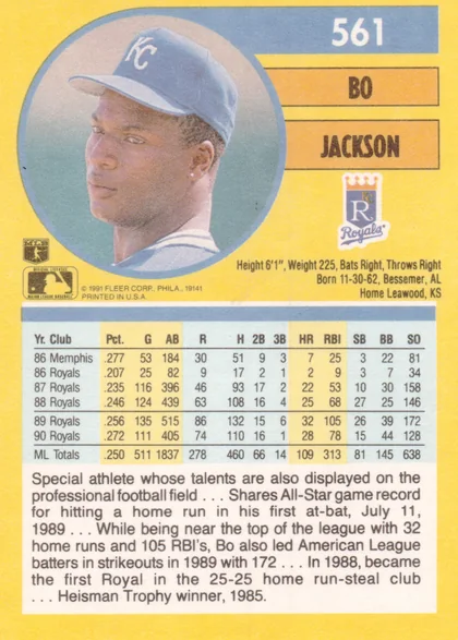 Back of 1991 Fleer Corp. Fleer Bo Jackson #561, yellow-bordered card back with a circular portrait photo of the player in a blue KC cap at top left. Blue banner with card number 561 at top right…