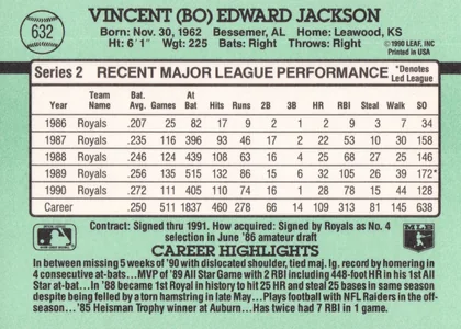 Back of 1991 Leaf, Inc. Bo Jackson #632, back of a baseball card with a mint-green background. Header shows card number 632 in a baseball graphic, player name, biographical data, and…
