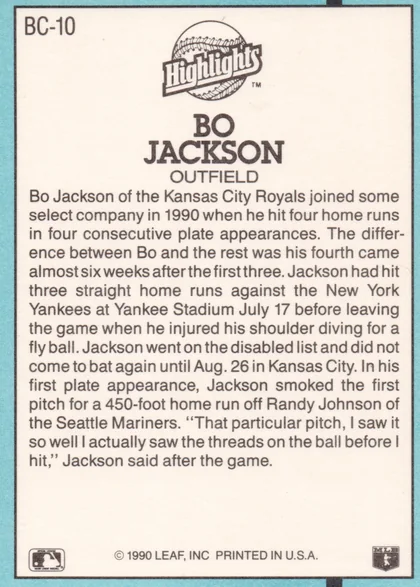 Back of 1991 Leaf, Inc. Donruss Highlights Bo Jackson #BC-10 1991 Donruss Highlights Bo Jackson #BC-10, back of a card with a light blue border and cream interior. A baseball-themed 'Highlights' logo appears at top center, followed by the name BO…