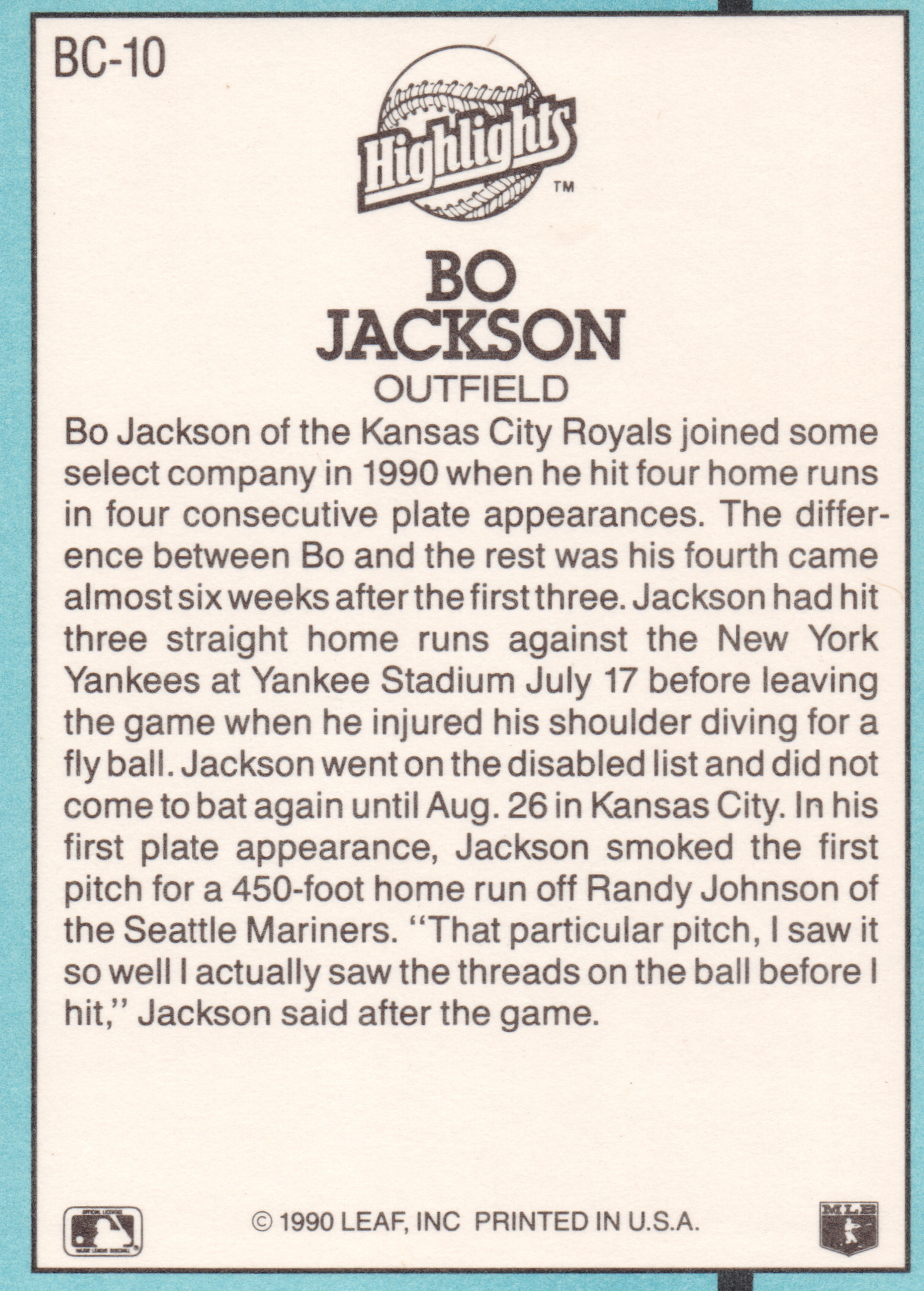 Back of 1991 Leaf, Inc. Donruss Highlights Bo Jackson #BC-10 1991 Donruss Highlights Bo Jackson #BC-10, back of a card with a light blue border and cream interior. A baseball-themed 'Highlights' logo appears at top center, followed by the name BO…