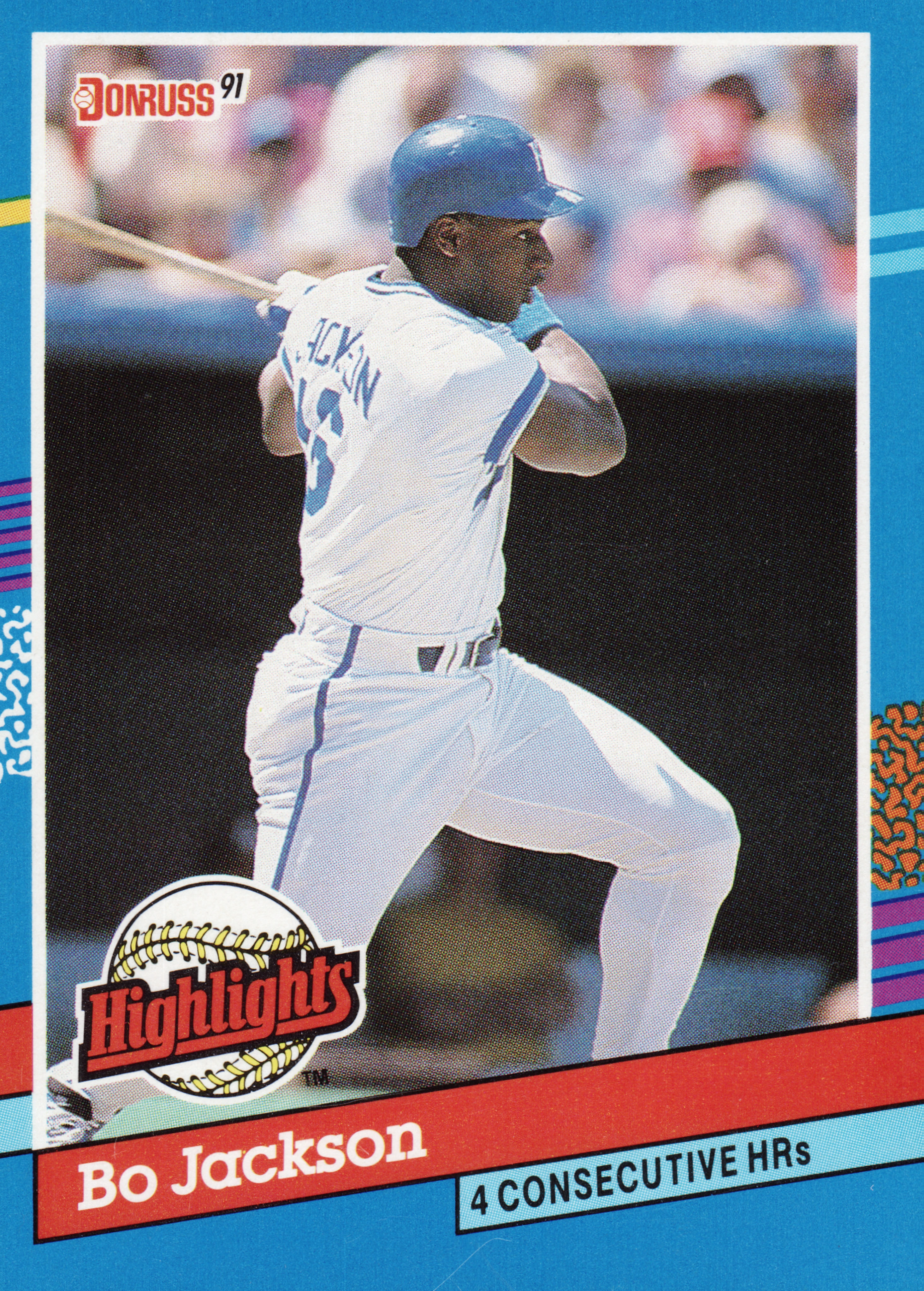 Front of 1991 Leaf, Inc. Donruss Highlights Bo Jackson #BC-10 1991 Donruss Highlights Bo Jackson #BC-10, blue-bordered card with a photo of a batter in a white uniform and blue helmet mid-swing, red name bar reading 'Bo Jackson' and a light blue box…