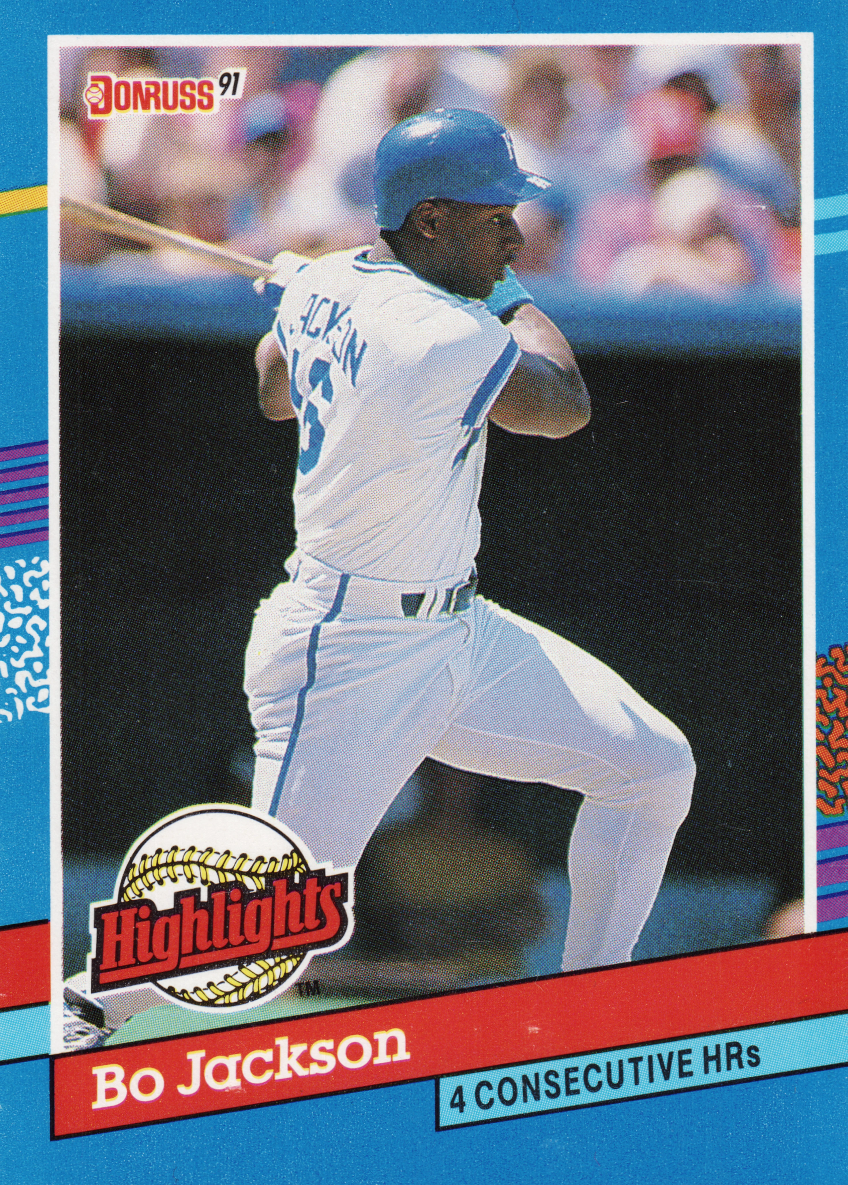 Front of 1991 Leaf, Inc. Donruss Highlights Bo Jackson #BC-10 1991 Leaf Donruss Highlights Bo Jackson #BC-10, a batter in a white uniform with blue helmet and blue undersleeve, mid-swing, photographed from behind; jersey name and number partially visible…