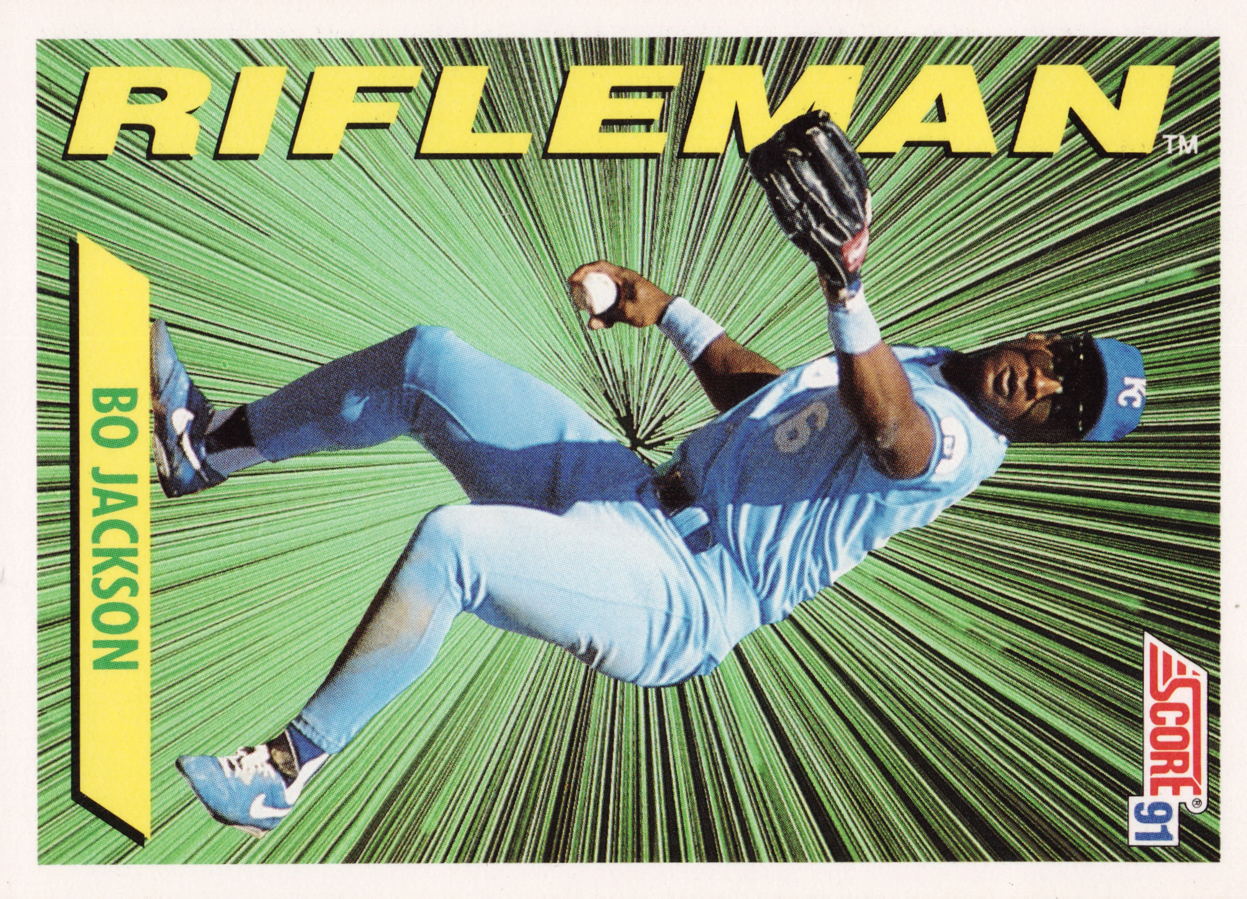 Front of 1991 Score Rifleman Bo Jackson #412 1991 Score Rifleman Bo Jackson #412, front of a Score 91 'Rifleman' insert card featuring Bo Jackson in a light blue Kansas City Royals uniform, mid-throwing motion with a baseball in…