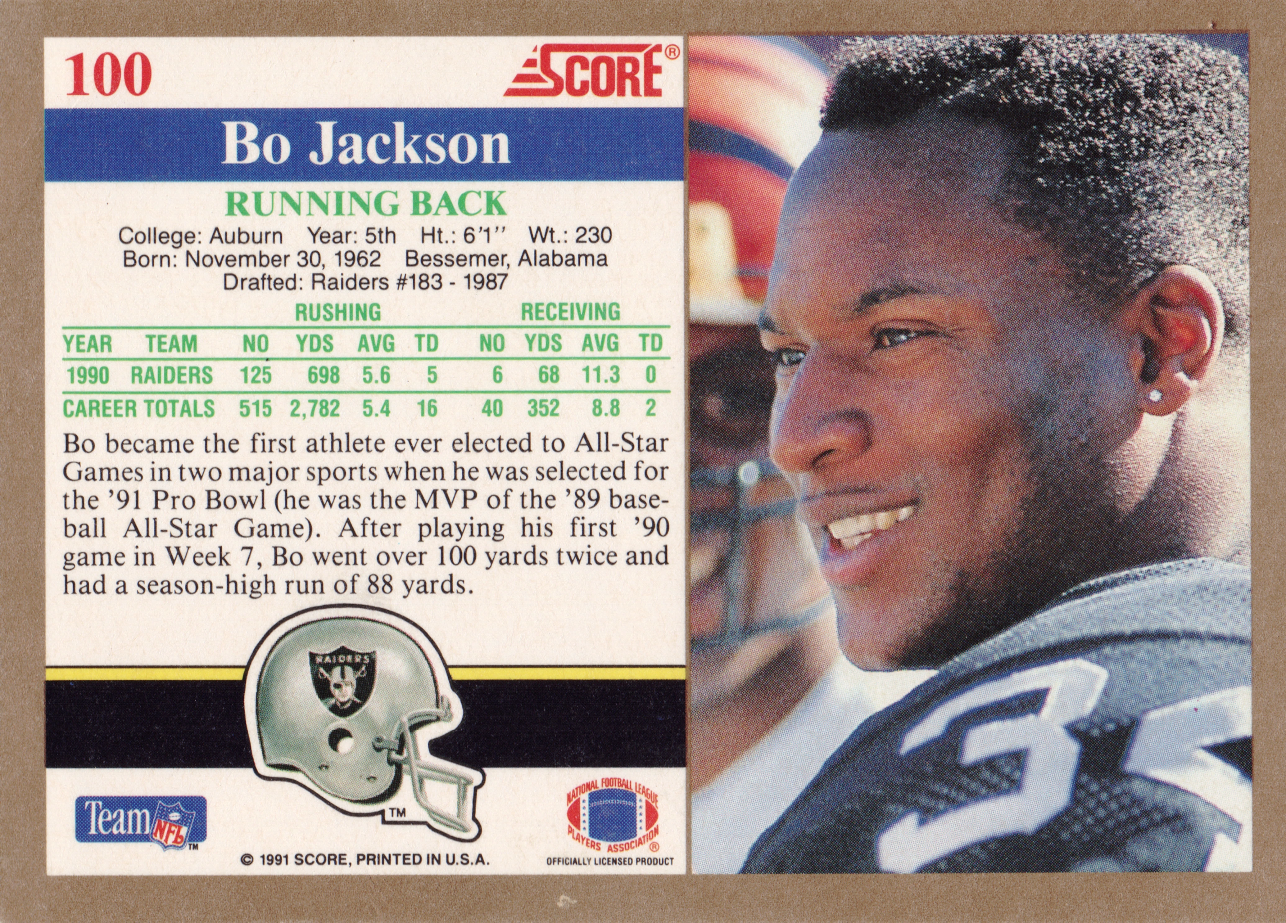 Back of 1991 Score Score 91 Bo Jackson #100 1991 Score Bo Jackson #100, card back with statistics and biography on the left half and a color photo of the player on the right half, separated by a black and yellow stripe…