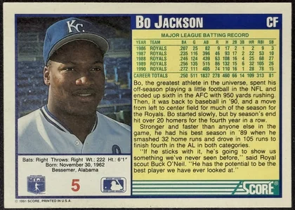 Back of 1991 Score Score 91 Derek Jeter #5, the back of a baseball card featuring a blue border and a yellow text panel. The top left shows the position 'CF' and the name 'Bo Jackson' in white…
