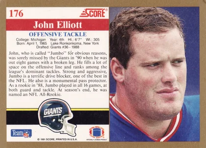 Back of 1991 Score Score John Elliott #176, card back with a portrait photo of a player on the right side against a blue background, and a white text panel on the left with red banner…