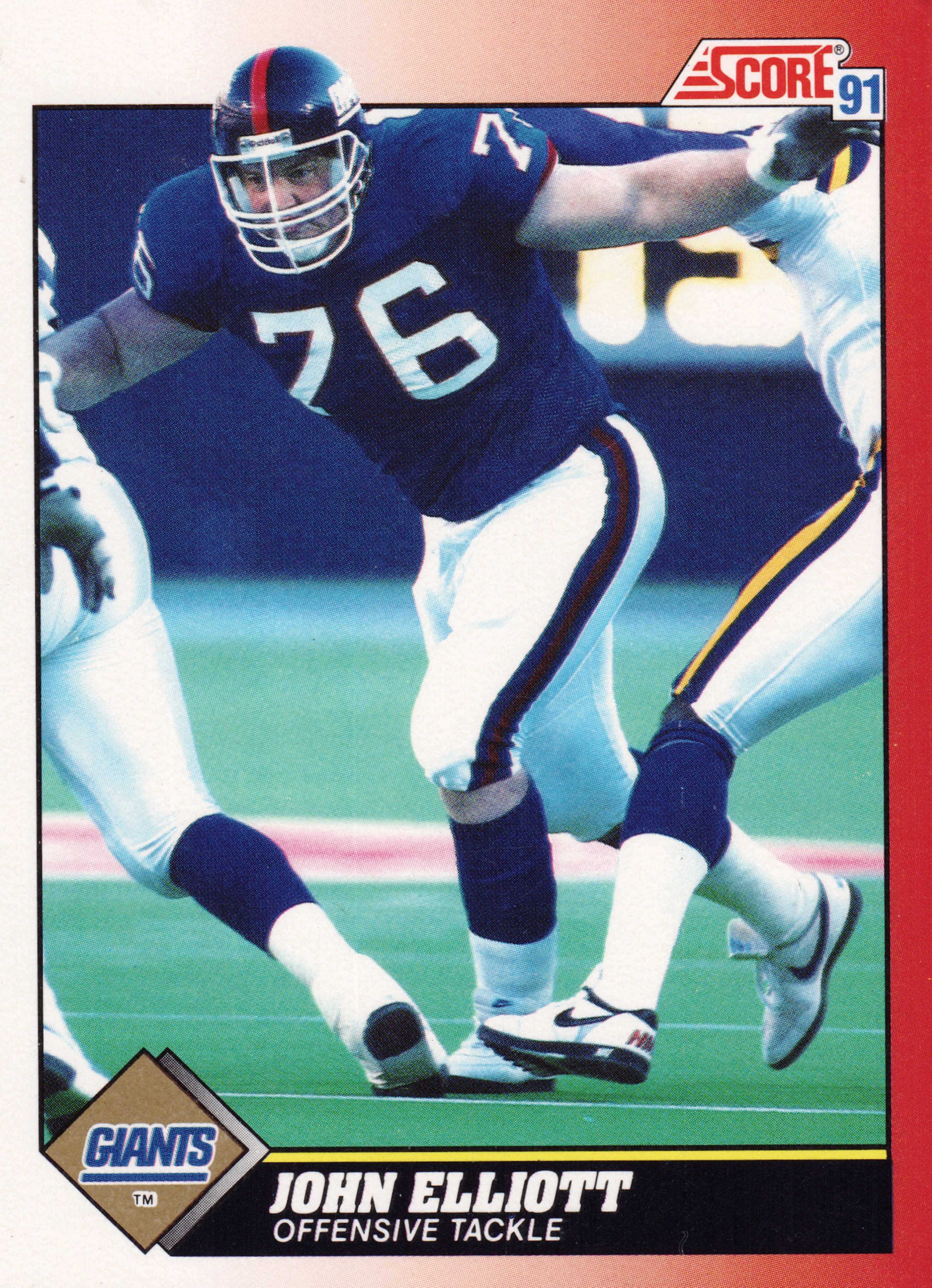 Front of 1991 Score Score John Elliott #176, action photo of a football player in blue #76 jersey and blue helmet with red stripe, blocking on a green field. Red gradient border, Score 91 logo…