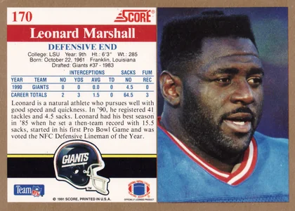 Back of 1991 Score Score Leonard Marshall #170, card back with white statistics panel on left and painted portrait of a bearded player in a blue Giants jersey on right. Red name banner, blue stat…