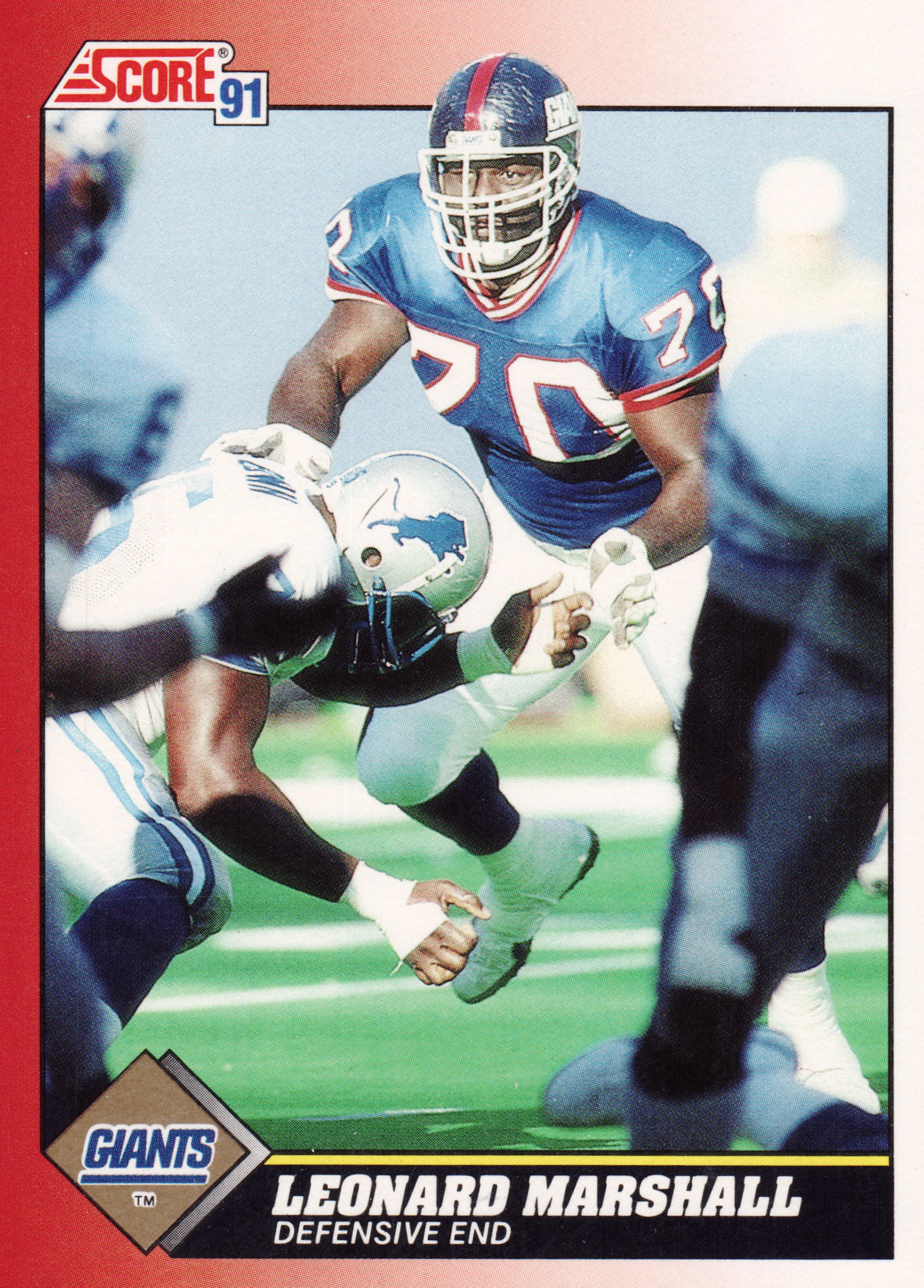 Front of 1991 Score Score Leonard Marshall #170, action photo of a Giants defensive player in blue #70 jersey blocking a Detroit Lions player; red gradient border, Score 91 logo top left, Giants…