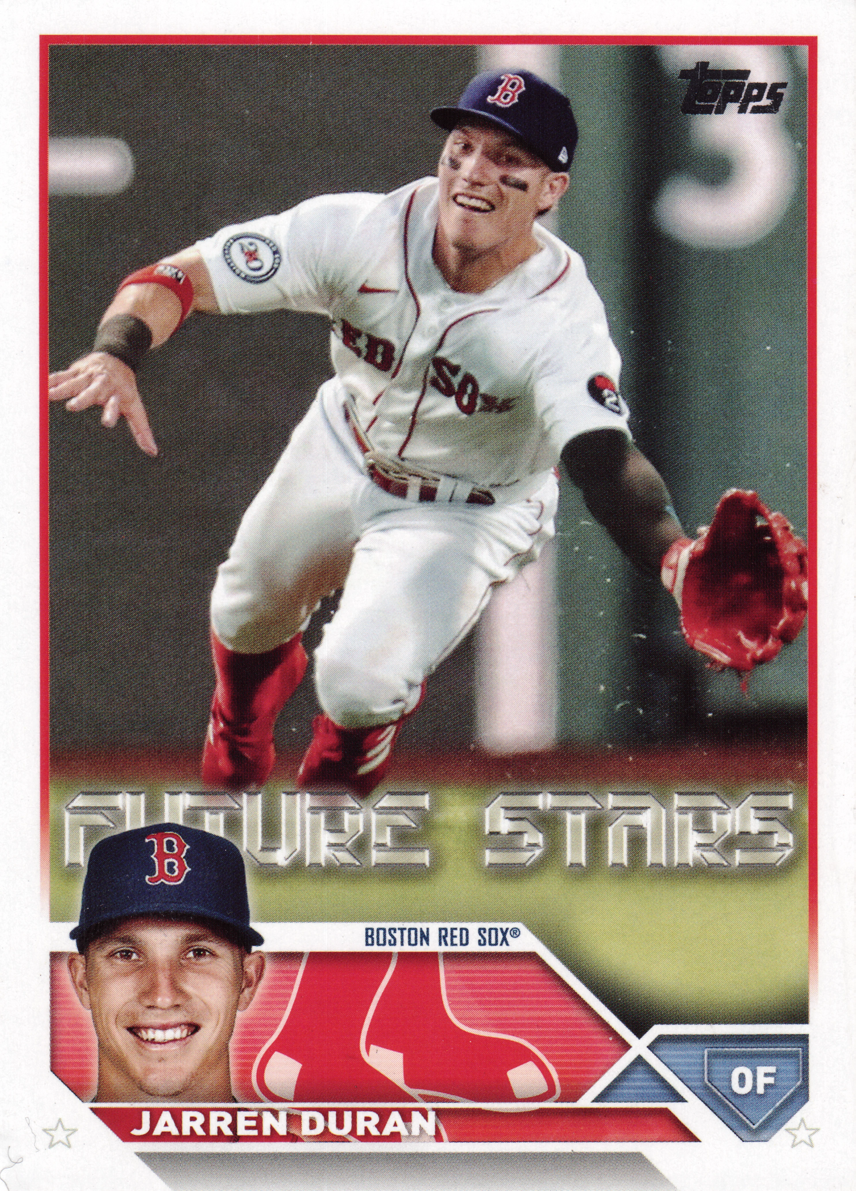 Front of 2023 The Topps Company, Inc. Series One Jarren Duran #242 2023 Topps Series One Future Stars Jarren Duran #242, portrait-orientation baseball card with red border. Main action photo shows a Boston Red Sox player in white home uniform with red cap (B logo)…