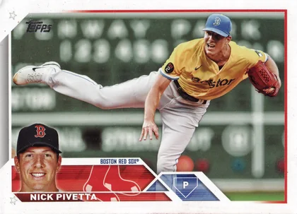 Front of 2023 Topps Nick Pivetta #152, landscape baseball card front with red border and star accents in corners. Topps logo at upper left. Main action photo shows a pitcher in a yellow…