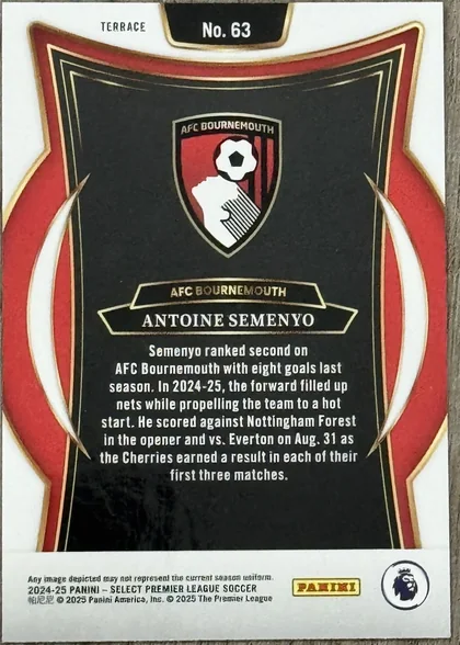 Back of 2024-25 Panini Select Premier League Soccer Antoine Semenyo Terrace Silver Prizm, the back of a collectible card, currently rotated 180 degrees so the text appears upside down. The background is a dark, textured black or charcoal…