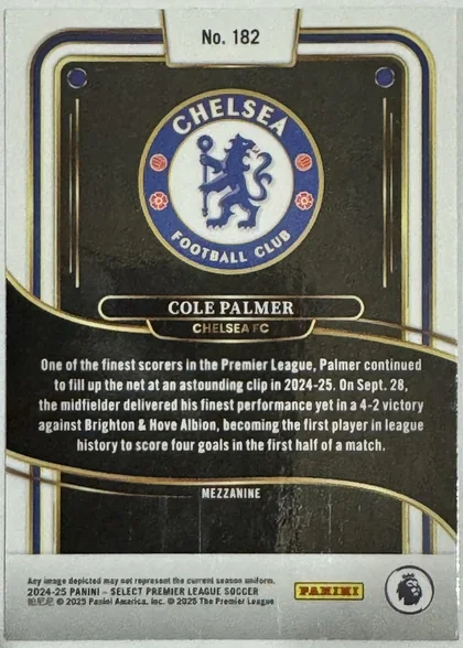 Back of 2024-25 Panini Select Premier League Soccer Cole Palmer #182 Mezzanine Ice Prizm, the back of a trading card features a dark, textured background with gold and blue Art Deco-style borders. At the top, a white tab displays 'No…