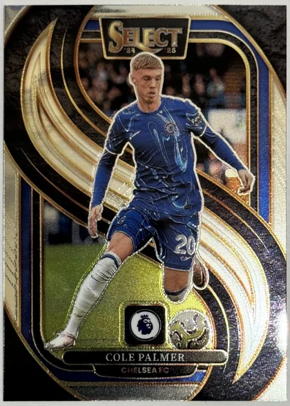 Front of 2024-25 Panini Select Premier League Soccer Cole Palmer #182 Mezzanine Ice Prizm, a soccer trading card featuring a cutout of Cole Palmer in a blue Chelsea FC jersey with the number 20 on his shorts, set against a swirling gold…