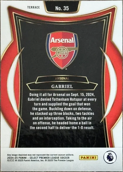 Back of 2024-25 Panini Select Premier League Soccer Gabriel #No. 35 Terrace, the back of a trading card featuring a die-cut patch of a black jersey with red and white trim. The patch includes the Arsenal club crest and a…